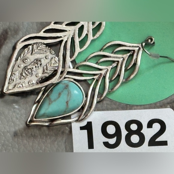 Long Silver Tone Earrings Faux Turquoise Teardrop Stone Cutout Design 1982 G - Picture 8 of 8